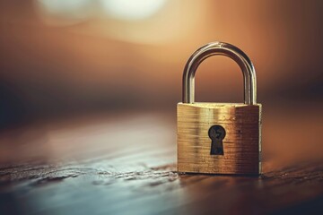 Aufkleber - A single gold padlock sits on a wooden table, ready for use