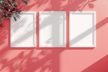 Aufkleber - Three white picture frames hung on a pink wall, ready for photos or artwork