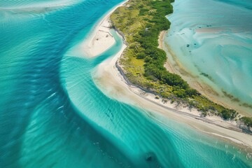 Aerial view of clear turquoise river and coastal sandbar, Shark Bay, Western Australia, Australia - generative ai