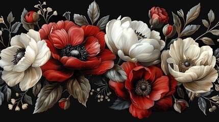 Canvas Print - Red and White Flowers on Black Background