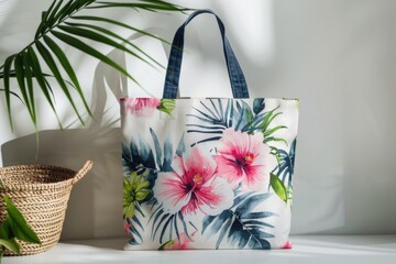 Poster - A tote bag sits next to a potted plant on a shelf, great for lifestyle or home decor images