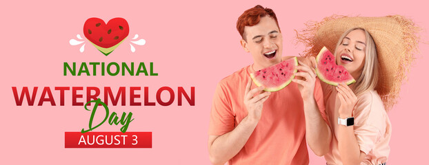 Wall Mural - Young beautiful man and woman with slices of fresh watermelon on pink background