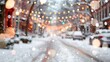 © LifeMedia - This beautiful image shows a snowy main street adorned with decorative lights, capturing a festive and vibrant atmosphere of a winter evening in town.