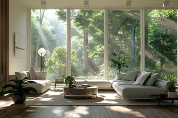 Poster - Cozy living space with modern furniture and natural light through large windows