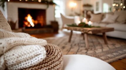 Wall Mural - A cozy living room featuring a fireplace and holiday decorations, creating a warm and inviting atmosphere perfect for relaxing during the festive season.