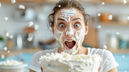 A woman with a surprised expression has her face completely covered in whipped cream while holding a cake in a bright and playful kitchen setting.