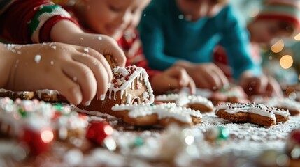 an image of children enthusiastically decorating gingerbread cookies, capturing the joy, creativity,