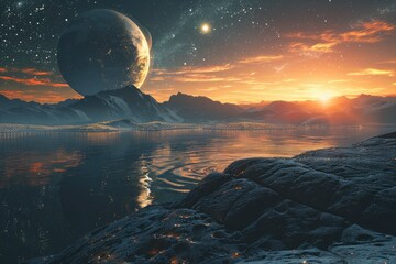 Sticker - Amazing space planet Mars landscape with mountains and water at sunset with starry sky and big planet earth with lights of night cities. Creative future space concept - generative ai