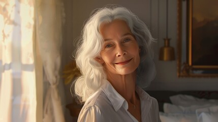 A true-to-life portrait of a cheerful older woman with white hair, wearing a white blouse