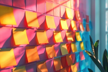 Poster - A wall with colorful Post-it Notes next to a small plant, great for office or study space inspiration