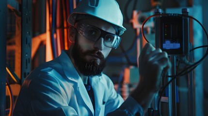 Poster - A bearded man in a white lab coat and safety goggles looks intently at a device.