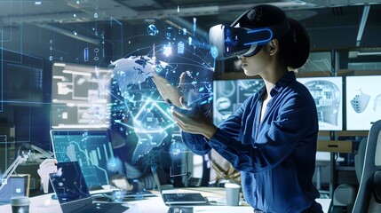 Poster - Woman in VR headset interacts with a digital globe.