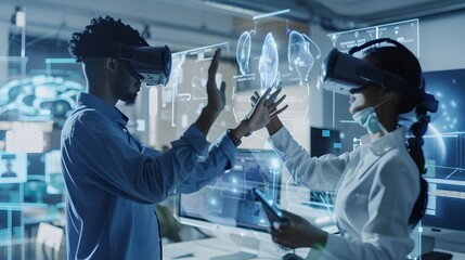 Poster - A man and a woman wearing a VR headset interacts with virtual content in an office setting.