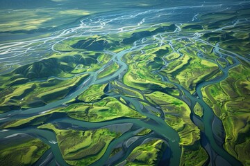 Wall Mural - An aerial snapshot captures the interwoven river basins and moss-covered landscapes of Iceland's dynamic environment - generative ai