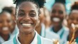 © LifeMedia - A smiling athlete with an afro hairstyle proudly displays her medal while standing in front of a group of teammates, celebrating an achievement.