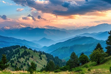 Wall Mural - Beautiful mountain ranges at sunset. Zigana mountains view from Gumushane - Trabzon road. Black Sea geography. Northern Turkey - generative ai