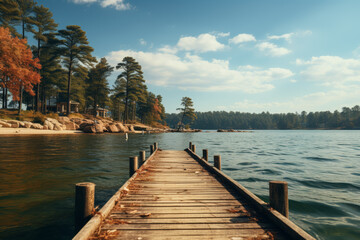 Canvas Print - An empty lakeside pier stretching out into the water, where the only sound is the lapping of waves against the shore. Concept of lakeside serenity and pier solitude. Generative Ai.