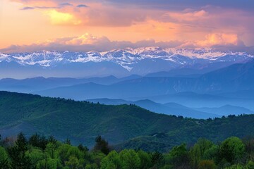 Wall Mural - Beautiful mountain ranges at sunset. Zigana mountains view from Gumushane - Trabzon road. Black Sea geography. Northern Turkey - generative ai