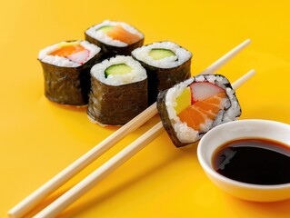 a plate of sushi with chopsticks next to it, ideal for food or cultural illustrations