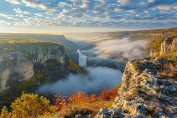 Wall Mural - clouds in the form of a world map over the river canyon. Travel and landscape concept. autumn morning - generative ai