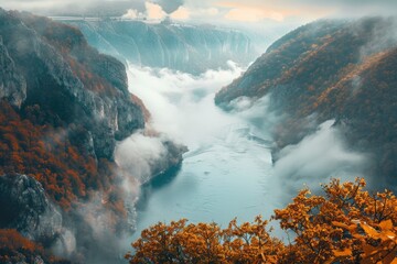 Wall Mural - clouds in the form of a world map over the river canyon. Travel and landscape concept. autumn morning - generative ai