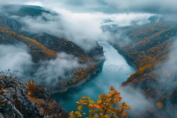 Wall Mural - clouds in the form of a world map over the river canyon. Travel and landscape concept. autumn morning - generative ai