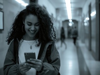 A woman smiling and looking at her cell phone