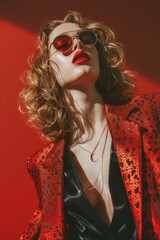 Poster - A woman wearing a red jacket and sunglasses, perfect for outdoor or street photography