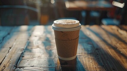 Poster - A cup of coffee sits on top of a wooden table, perfect for morning or afternoon pick-me-up
