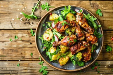 Poster - A plate filled with cooked chicken and various vegetables on a wooden table