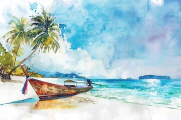 Aufkleber - A watercolor illustration of a boat on a sandy beach, ideal for travel or coastal-themed projects