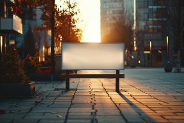 Poster - A bench sitting on a sidewalk in a busy city