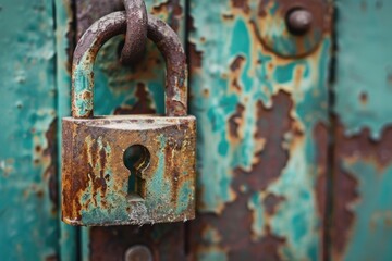 Poster - Close-up photo of a rusty padlock on a door with intricate details