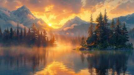 Wall Mural - Sunset over mountain lake with mist - generative ai