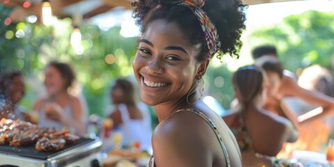 Wall Mural - Portrait of a smiling young woman attending a barbecue