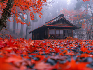 Canvas Print - little loghouse at the autumn red forest