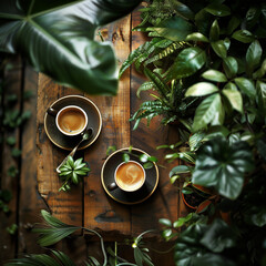 Wall Mural - two cup of caffee in a green brushes tropican greenhouse café