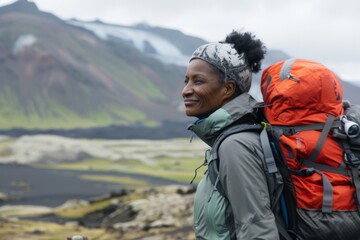 portrait of a middle aged black woman hiking in volcanic landscape