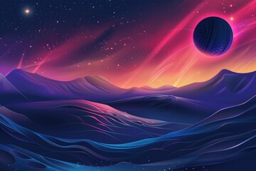 Poster - A view of a planet in the sky with mountains in the background, suitable for use in space-themed or futuristic concepts