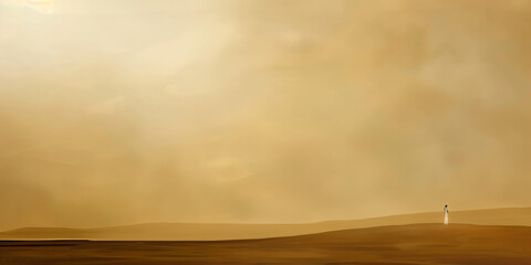 Wall Mural - A distant white figure stands in a vast desert, beneath a golden sunset sky