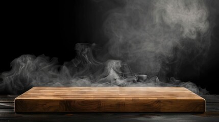 Canvas Print - An empty wooden table with smoke on a black background for showcasing products