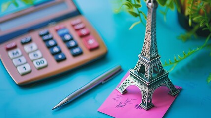 Close up of mini Eiffel Tower replicas, Paris with notebook and calculator