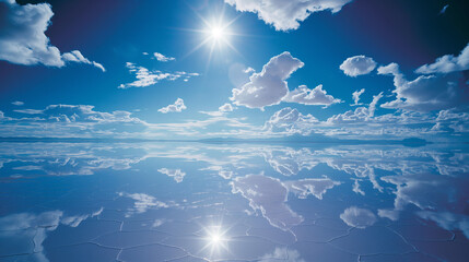 Wall Mural - A reflection photography of a bright blue summer sky reflected in a glistening salt flat