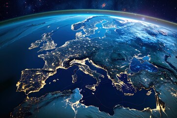 Wall Mural - earth photo at night, city lights of europe, middle east, turkey, italy, black sea, mediterrenian se