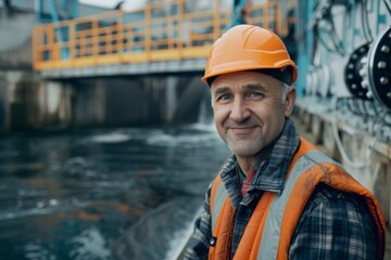 Portrait of a middle aged smiling male engineer at Hydroelectric Dam