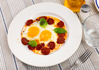 Wall Mural - bright breakfast of sunny side up eggs with slices of chorizo sausage decorated with fresh green basil leaves is served on a white plate