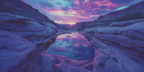 Wall Mural - A reflection photography of a vibrant sunset sky reflected in a hot, arid canyon pool