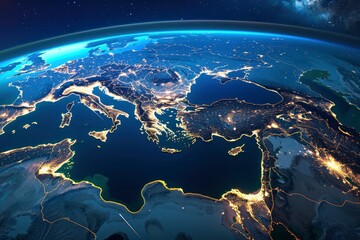 Wall Mural - Earth photo at night, City Lights of Europe, Middle East, Turkey, Italy, Black Sea, Mediterrenian Sea from space, World map globe. Satellite HD photo. Elements of this image furnished - generative ai