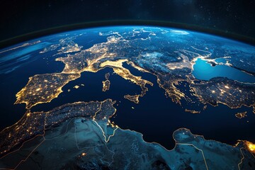 Wall Mural - Earth photo at night, City Lights of Europe, Middle East, Turkey, Italy, Black Sea, Mediterrenian Sea from space, World map globe. Satellite HD photo. Elements of this image furnished - generative ai