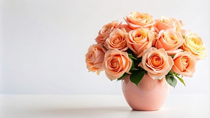 Wall Mural - Peach roses arranged elegantly in a pink vase on a white background, peach, roses, pink vase, floral arrangement